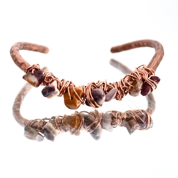 Conceptual Subculture Jewelry - Mookite Jasper Solid Copper Healing Cuff Bracelet Wire Wrapped Bohemian Natural